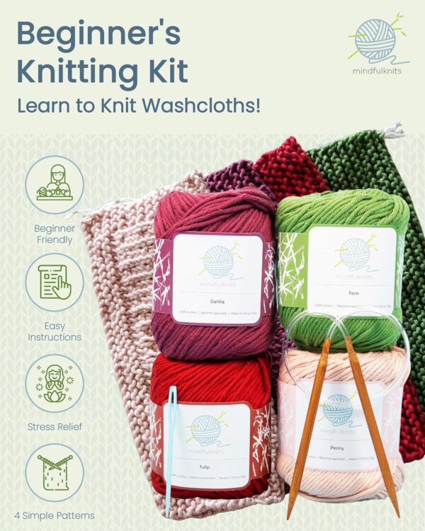 Flora Cotton Washcloth Knitting Kit for Beginners | Complete Starter Set with 100% Cotton Yarn, Circular Needles & Video Tutorials | Mindful Crafting & Relaxation Gift