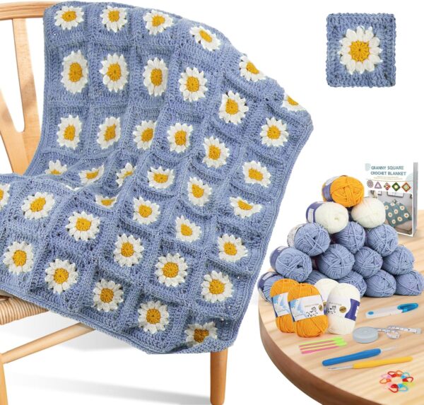 81ilzH0R+vL._AC_SL1500_ Complete Crochet Starter Kit for Beginners – Make a Granny Square Blanket with Easy Instructions, Plenty of Yarn & All Tools Included (Blue-Purple)