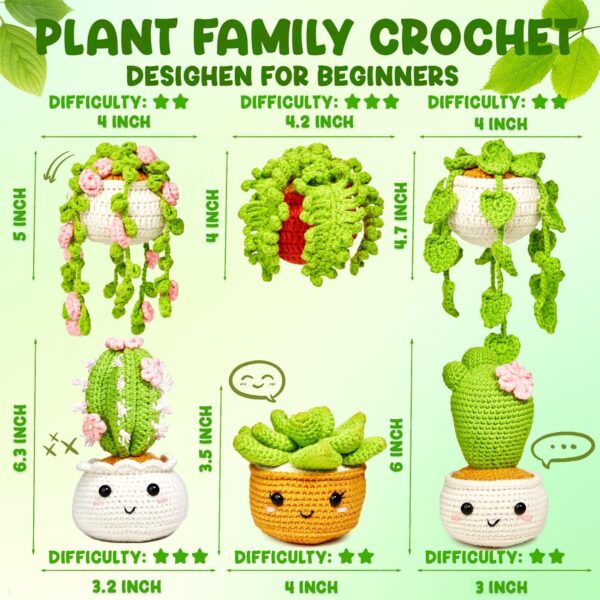 Crochet Kit for Beginners - 6 Pack Hanging Potted Plants Amigurumi Set with Video Tutorials, Includes 40% Extra Yarn, Hook, & Tools