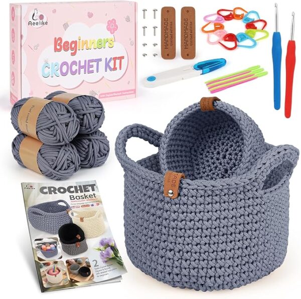 81vCt-1LW1L._AC_SX679_ 27-Piece Crochet Basket Starter Kit for Beginners | Complete Knitting & Crochet Set with Yarn, Hook, Tools & Illustrated Guide | DIY Storage Basket Making Kit for Home Deco