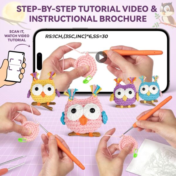 Owl Crochet Kit for Beginners – 4-Pack Amigurumi Starter Kit with Step-by-Step Video Tutorials & Digital Pattern | Complete Animal Crocheting Kit for Adults & Craft Lovers