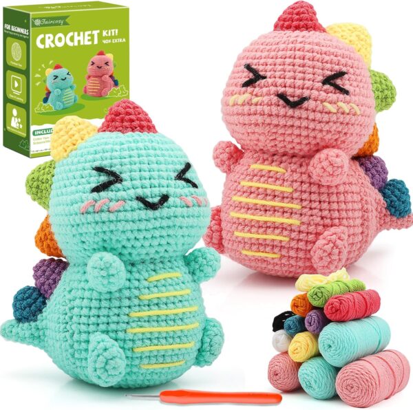 91go+uWWNXL._AC_SL1500_ Dinosaur Crochet Kit for Beginners – 2PCS Amigurumi Starter Kit with Video Tutorials, 40% Extra Yarn & Complete Tools | Perfect DIY Gift for Adults & Family Crafting