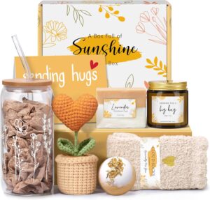 A Box Full of Sunshine & Care More than a gift, this is a heartfelt experience packaged in sunshine yellow.  Curated to spread joy, comfort, and positive energy, it’s the perfect way to show any woman you’re thinking of her—whether she’s celebrating, recovering, or simply deserves a bright moment.