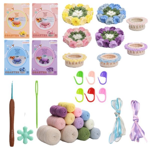 Handmade DIY wool knitting colorful flower coasters, knitting needle kit