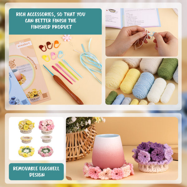 Handmade DIY wool knitting colorful flower coasters, knitting needle kit