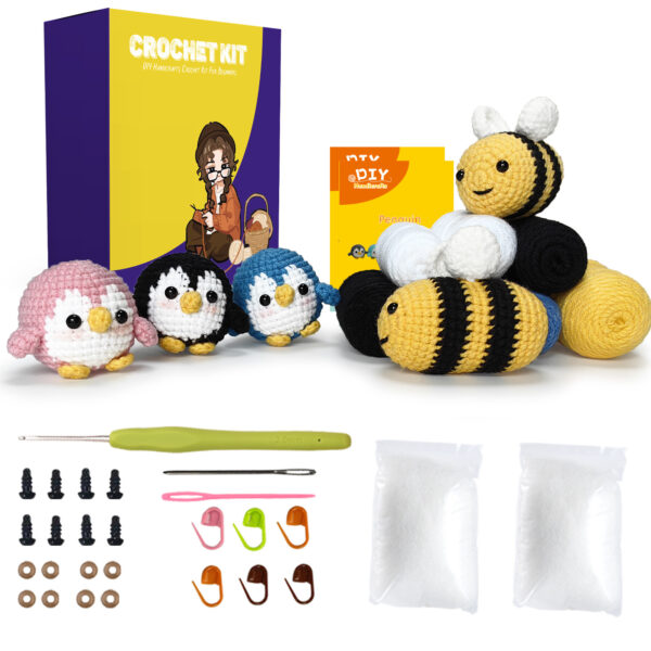 Bees and Penguins Crochet Kit for Making Handmade Dolls - DIY Crocheting Project