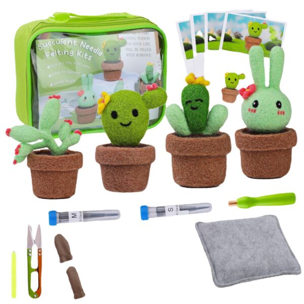 4-piece small cactus potted plants set. Handmade wool felt craft kit. Includes English instruction manual.