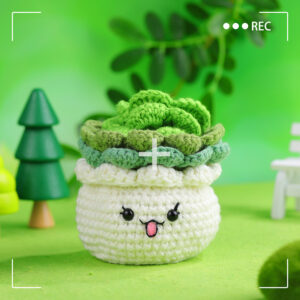 Crochet material pack - White basin with green plant cup cushion and potted plant style - Practical decorative item
