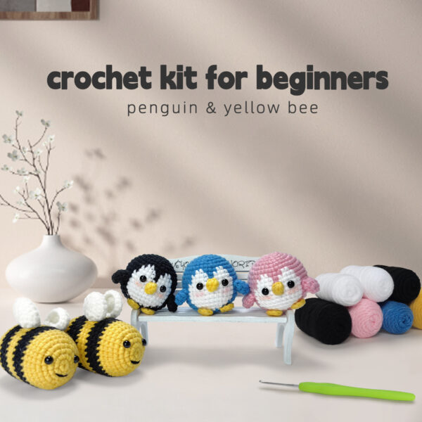 Bees and Penguins Crochet Kit for Making Handmade Dolls - DIY Crocheting Project