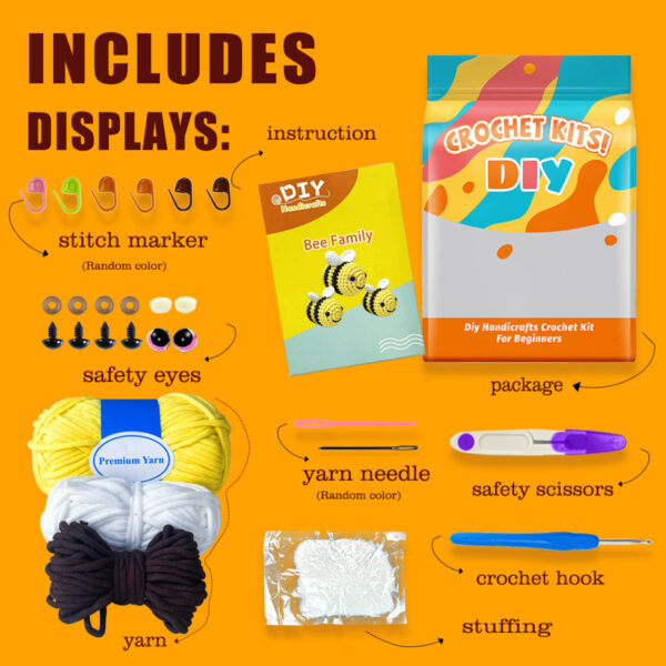 True Cotton Bee Hooked Knitting Material Pack - 3 Cute Bee Family Handmade Knitted Wool Bags