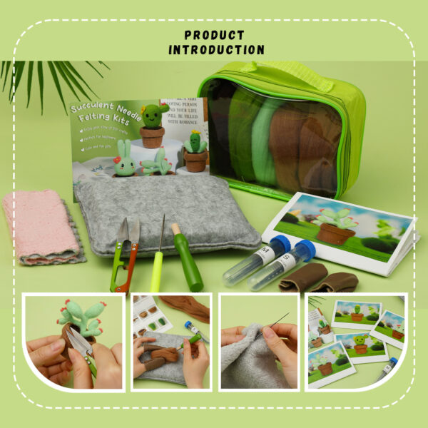 4-piece small cactus potted plants set. Handmade wool felt craft kit. Includes English instruction manual.