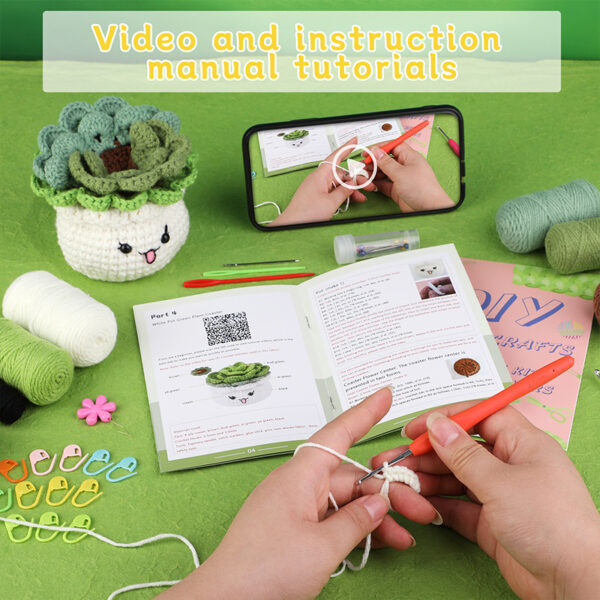 主图-08 Crochet material pack - White basin with green plant cup cushion and potted plant style - Practical decorative item