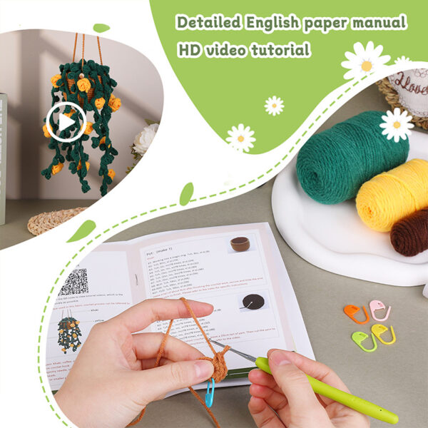 主图-08 Crochet material pack - New yellow small flower hanging basket hand-knitted accessory made of wool yarn