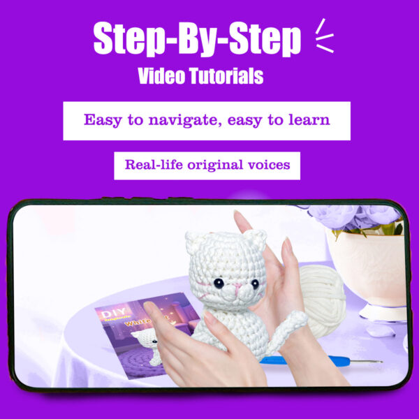 Beginner's knitting material pack - Cute white cat crochet knitting set