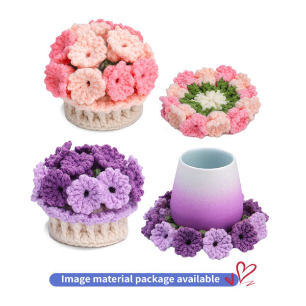 Flower coasters hook knitting material pack - two-color coasters for dining table decoration - handmade art piece - creative potted plants