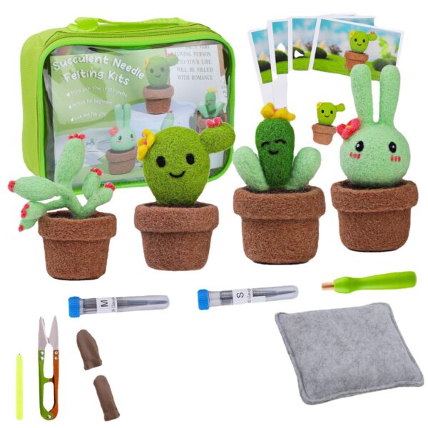 4-piece small cactus potted plants set. Handmade wool felt craft kit. Includes English instruction manual.